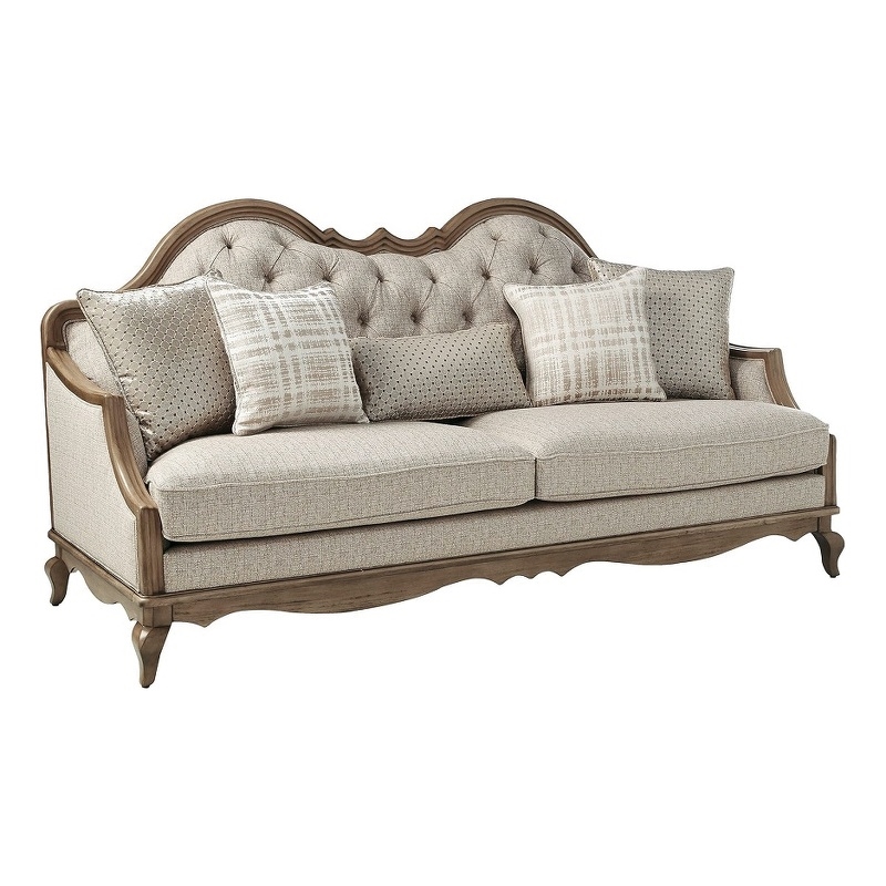 Bowery Hill Sofa with 5 Pillows in Beige Fabric and Antique Taupe Trim