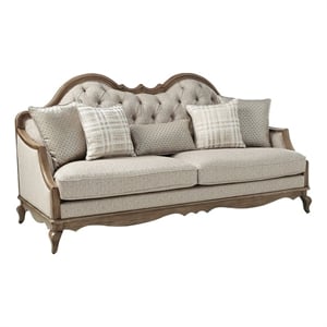 Bowery Hill Sofa with 5 Pillows in Beige Fabric and Antique Taupe Trim