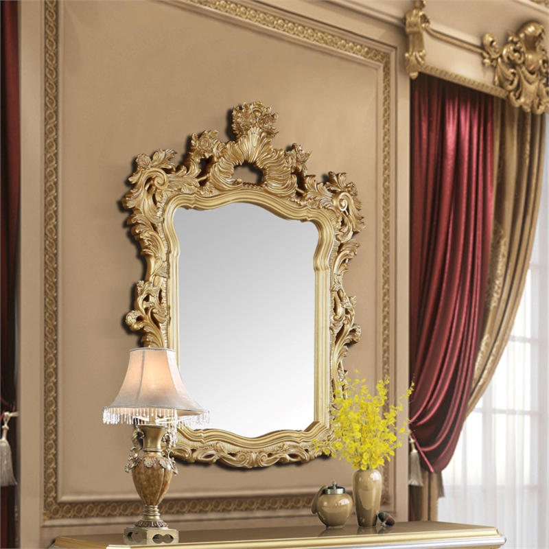 Bowery Hill Mirror with Hollow-Carved Floral and Scroll Design in Gold