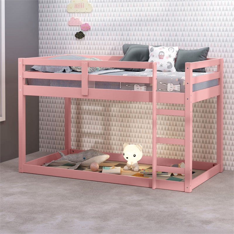 Bowery Hill Twin Loft Bed with Safety Guardrail and Ladder in Pink