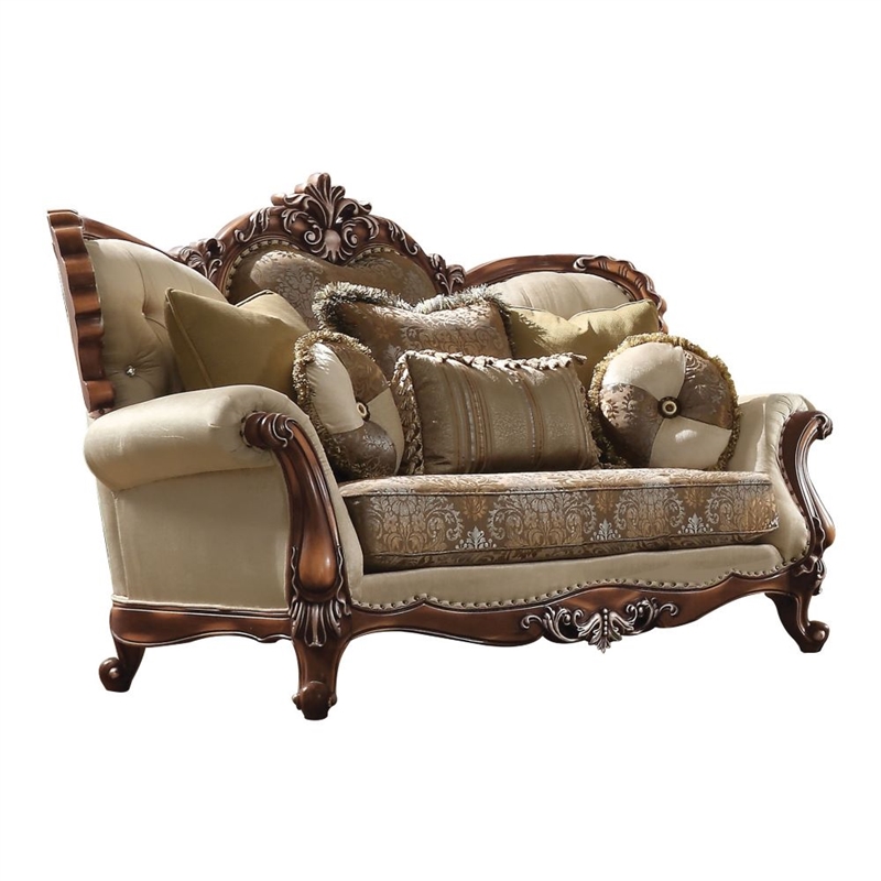 Bowery Hill Loveseat with 6 Pillows Nailhead Trim and Rolled Arms in Tan