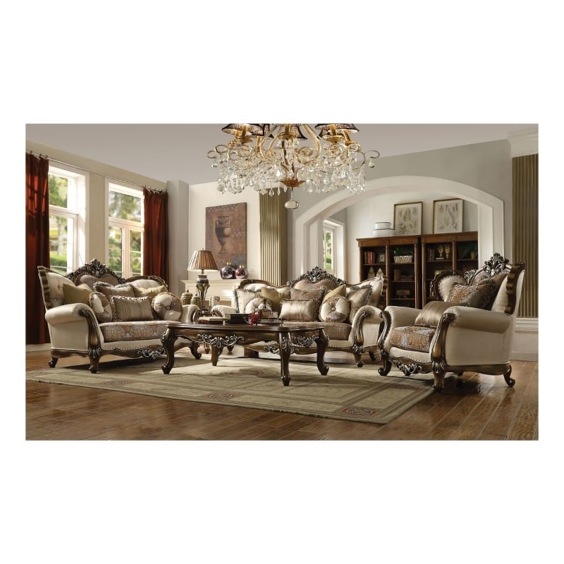 Bowery Hill Loveseat with 6 Pillows Nailhead Trim and Rolled Arms in Tan