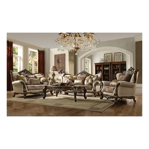 Bowery Hill Loveseat with 6 Pillows Nailhead Trim and Rolled Arms in Tan