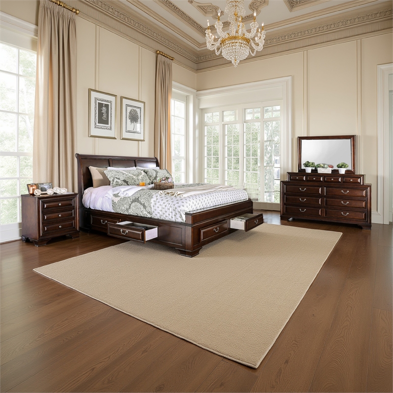 Bowery Hill 4-Piece King Bedroom Set in Cherry Brown with USB Ports