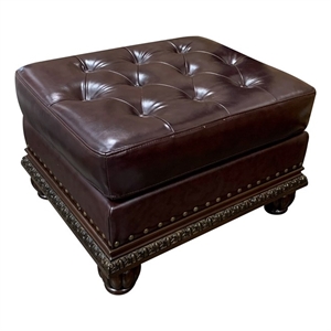 Bowery Hill Tufted Leather Ottoman with Wooden Bun Legs in Espresso Finish