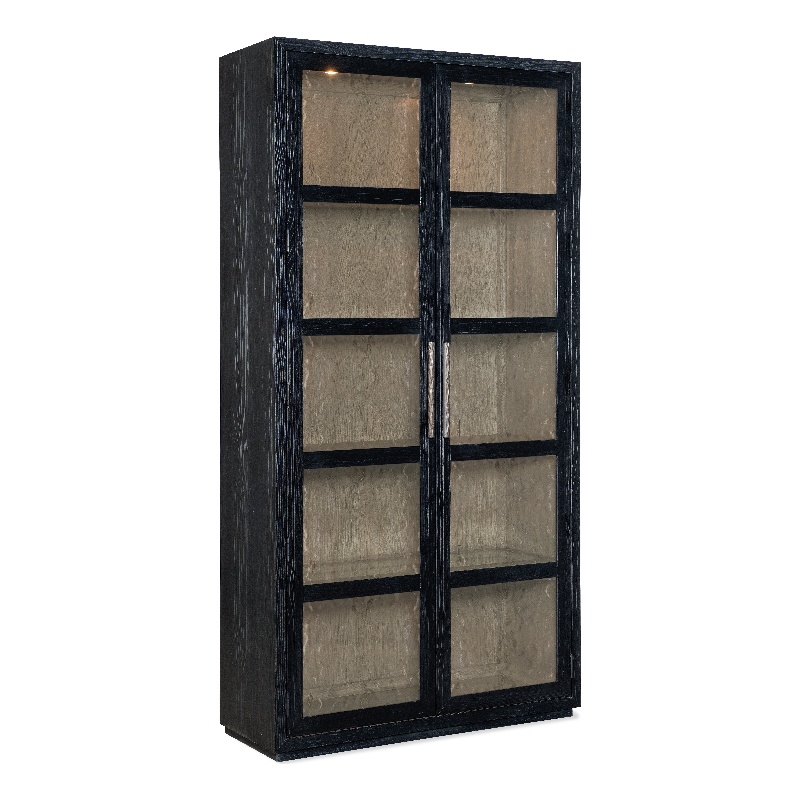 Bowery Hill Curio Cabinet with Seeded Glass Doors in Charred Black