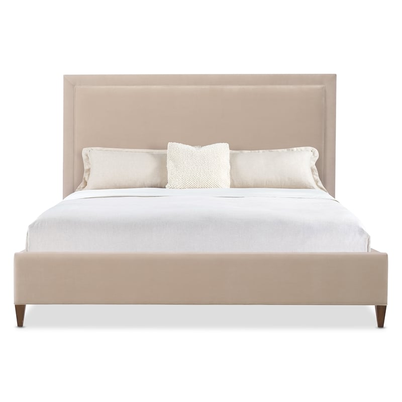Bowery Hill King Upholstered Bed in Beige Velvet with Walnut Legs