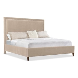 Bowery Hill King Upholstered Bed in Beige Velvet with Walnut Legs