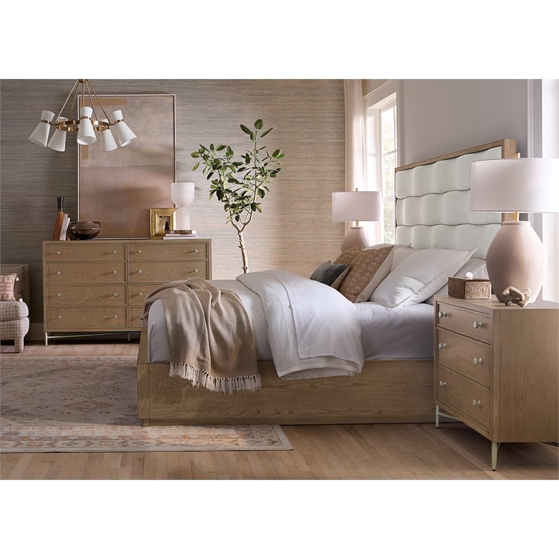 Bowery Hill Queen Upholstered Bed with Wave Headboard in Beige
