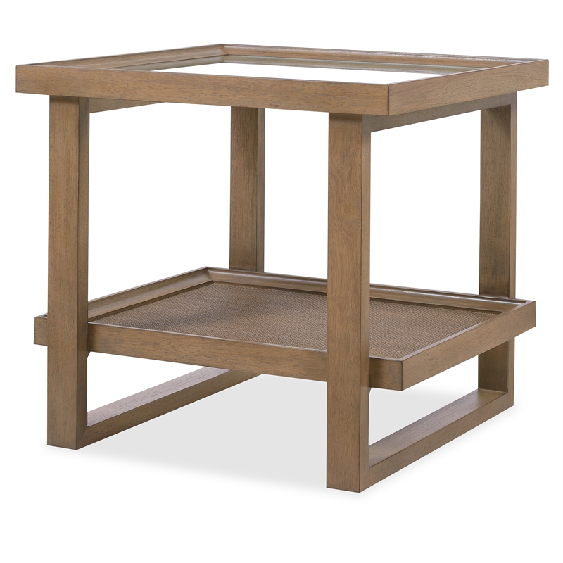 Bowery Hill Rectangle End Table with Glass and Cane in Medium Brown