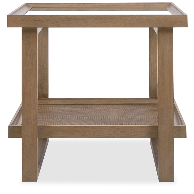 Bowery Hill Rectangle End Table with Glass and Cane in Medium Brown