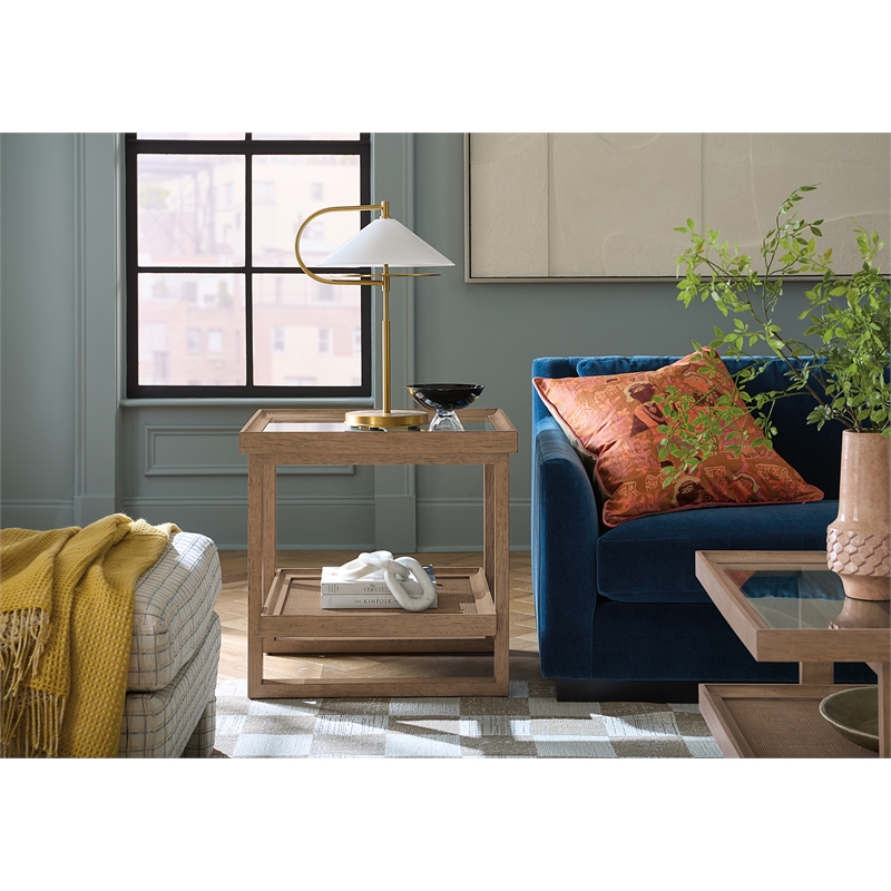 Bowery Hill Rectangle End Table with Glass and Cane in Medium Brown