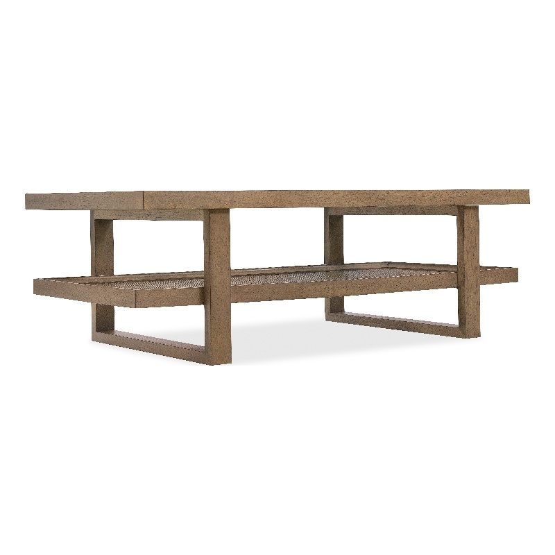 Bowery Hill Rectangle Cocktail Table with Glass and Cane in Brown