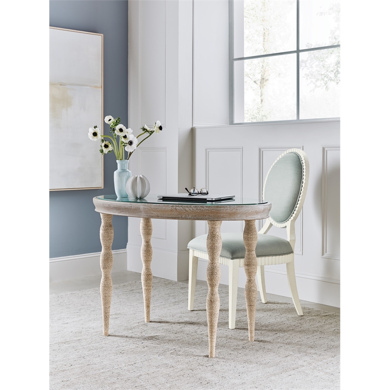 Bowery Hill Oval Writing Desk with Painted Glass Top in White Wood
