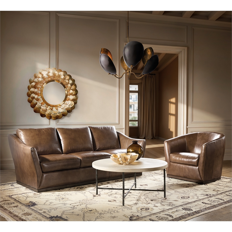 Bowery Hill Three-Cushion Stationary Sofa in Genuine Brown Leather
