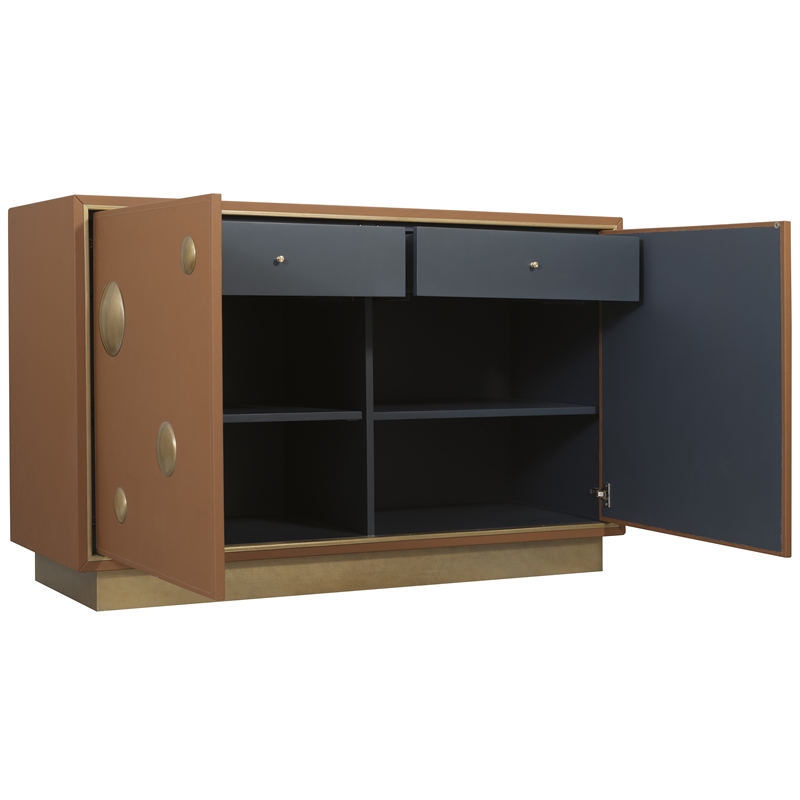 Bowery Hill Leather-Wrapped Hall Chest with Gold Accents in Brown