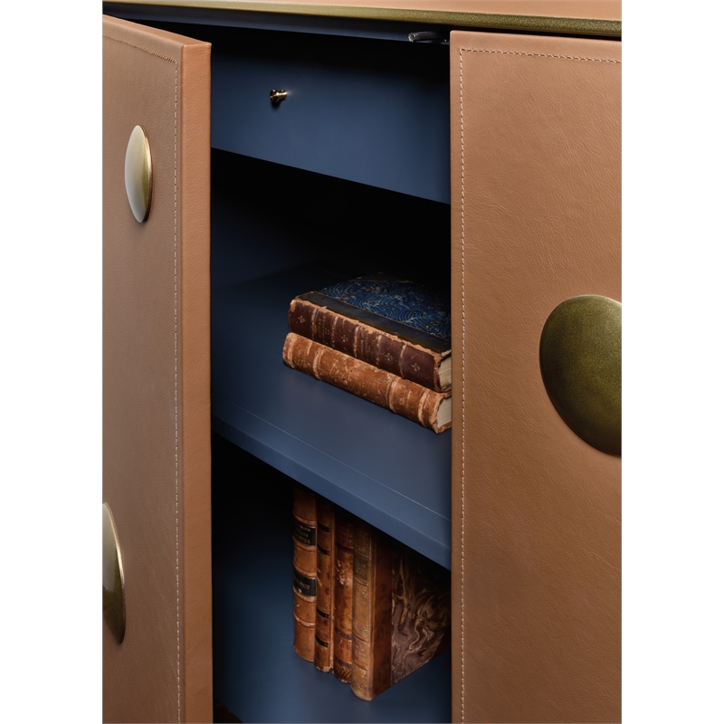 Bowery Hill Leather-Wrapped Hall Chest with Gold Accents in Brown