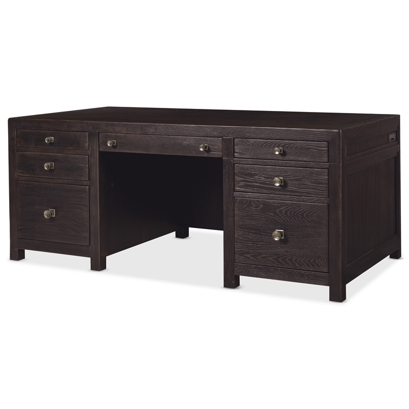 Bowery Hill 7-Drawer Executive Desk in Dark Burnt Timber Wood
