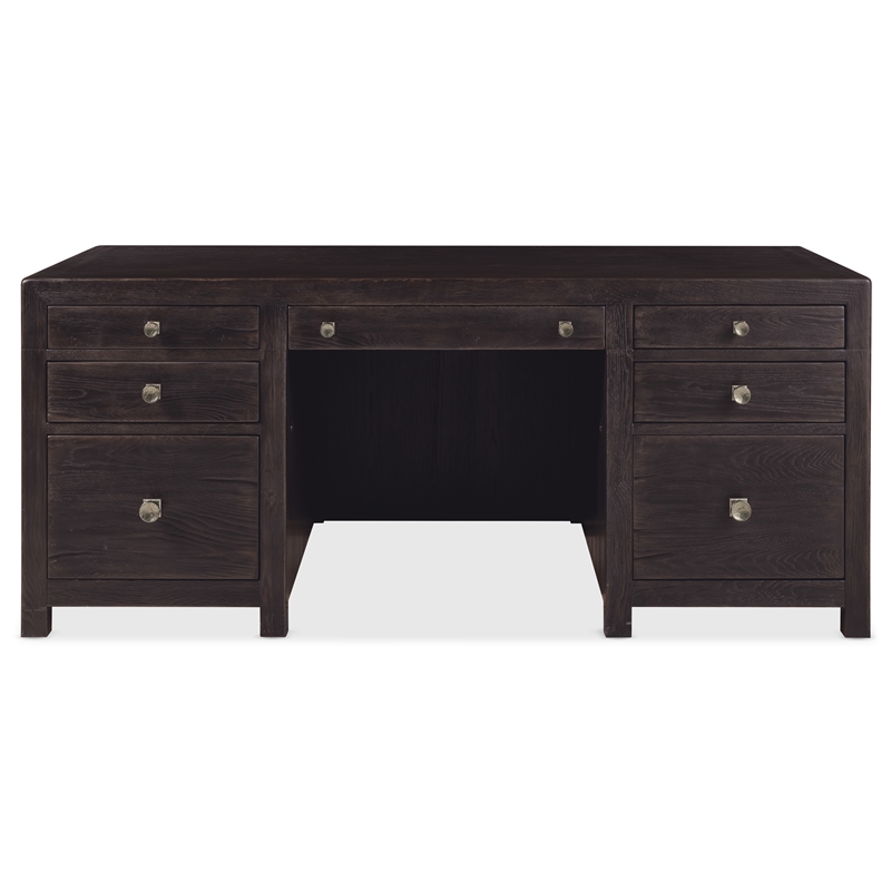 Bowery Hill 7-Drawer Executive Desk in Dark Burnt Timber Wood