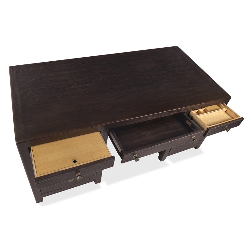Bowery Hill 7-Drawer Executive Desk in Dark Burnt Timber Wood