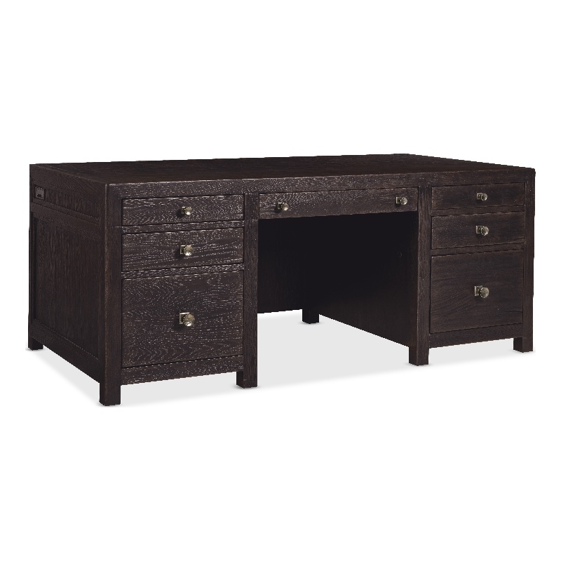 Bowery Hill 7-Drawer Executive Desk in Dark Burnt Timber Wood