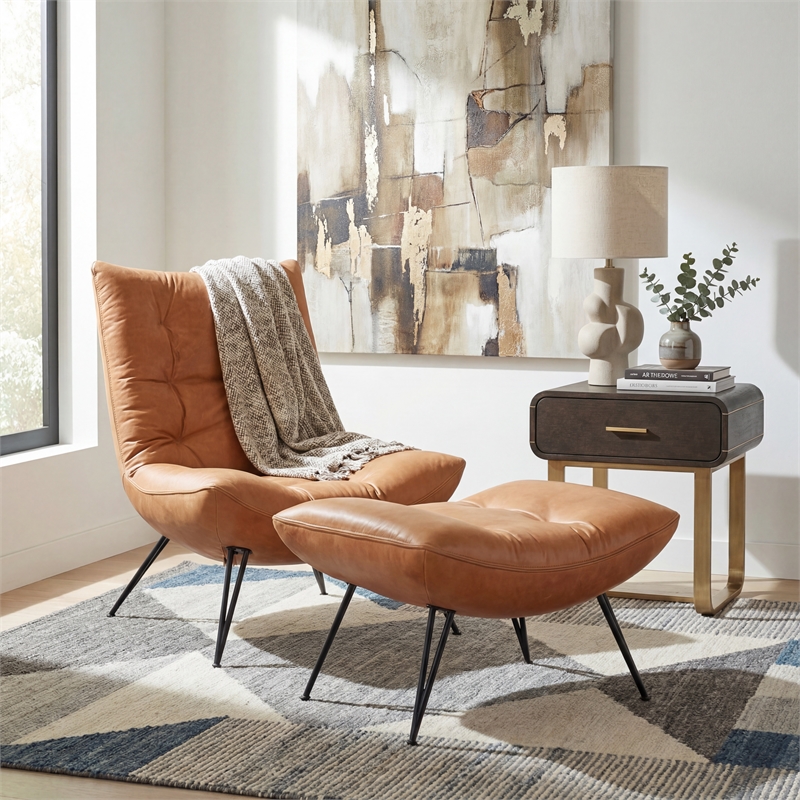 Bowery Hill Tufted Armless Accent Chair in Genuine Brown Leather