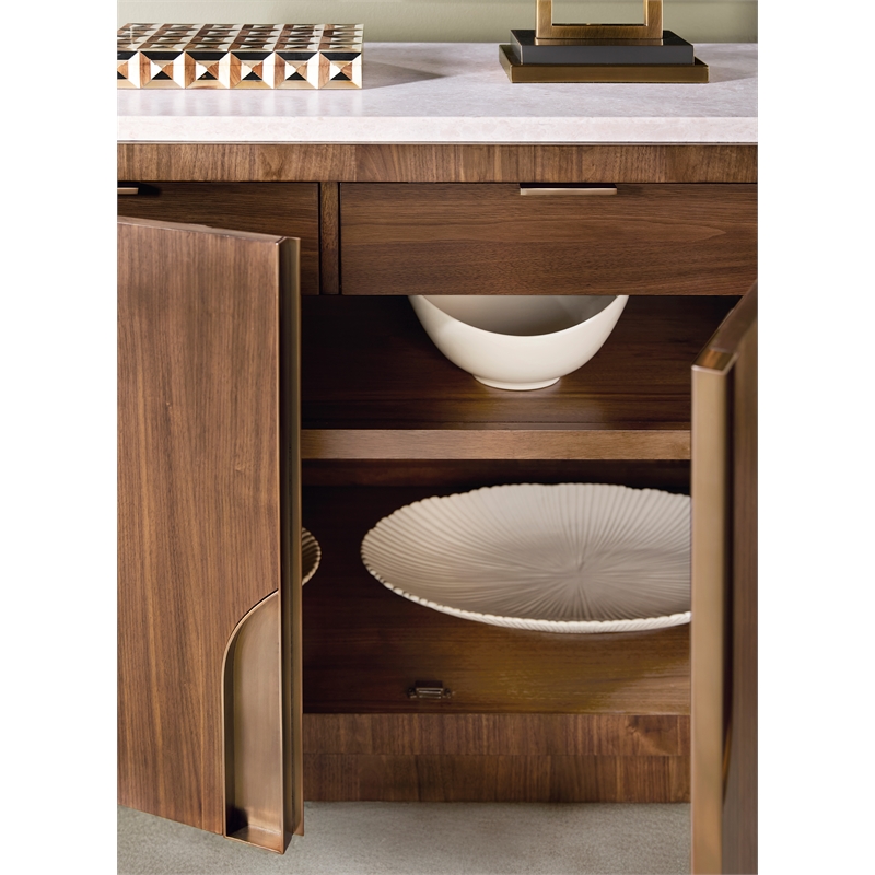 Bowery Hill Server with Honed Marble Top in Medium Wood Finish