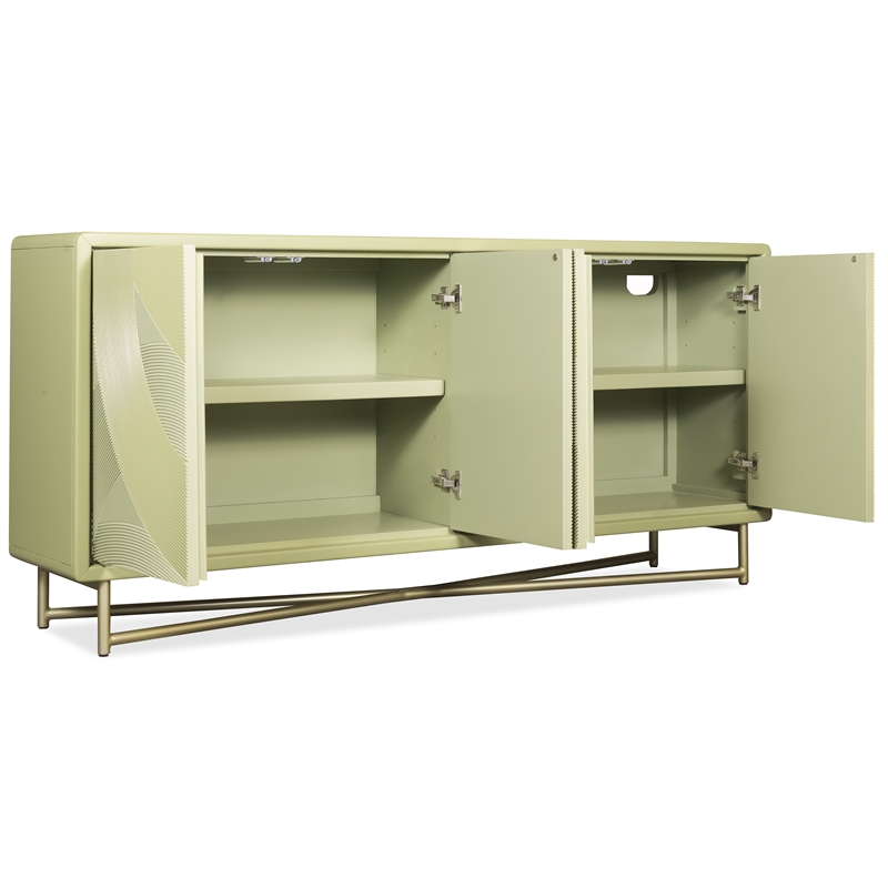 Bowery Hill Carved 4-Door Credenza with Gold Base in Green Finish