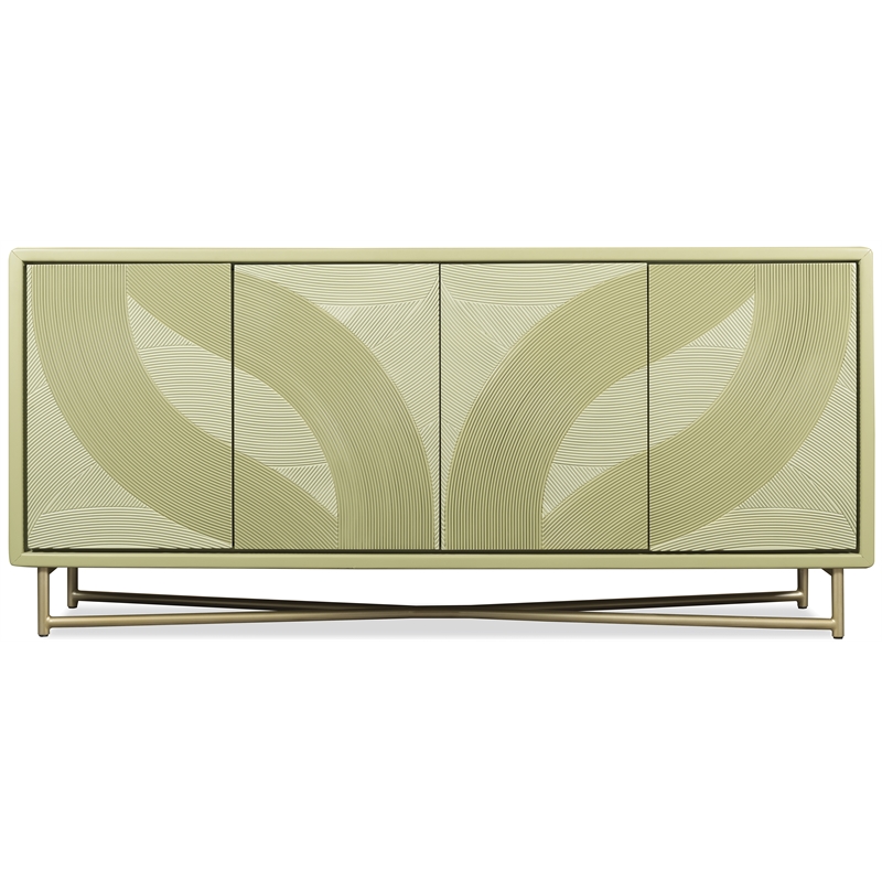 Bowery Hill Carved 4-Door Credenza with Gold Base in Green Finish