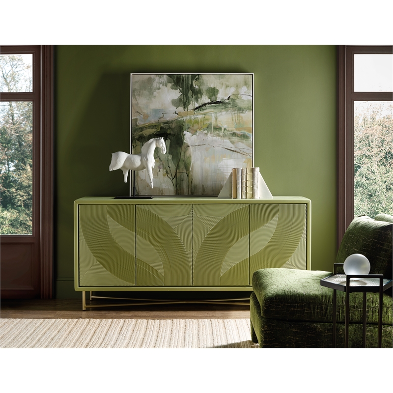 Bowery Hill Carved 4-Door Credenza with Gold Base in Green Finish