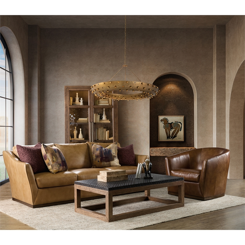 Bowery Hill Barrel-Back Swivel Chair in Genuine Dark Brown Leather