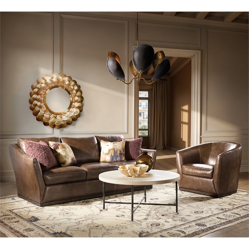 Bowery Hill Barrel-Back Swivel Chair in Genuine Dark Brown Leather