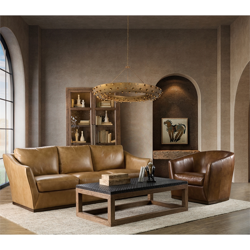 Bowery Hill Barrel-Back Swivel Chair in Genuine Dark Brown Leather