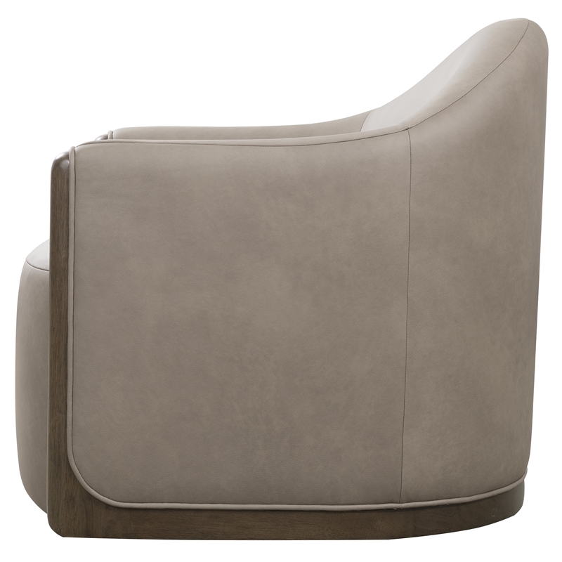 Bowery Hill Swivel Barrel Chair in Brown Leather with Wood Arms