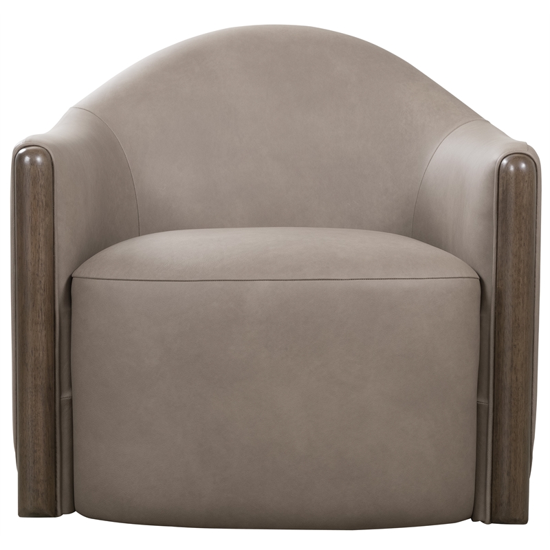 Bowery Hill Swivel Barrel Chair in Brown Leather with Wood Arms