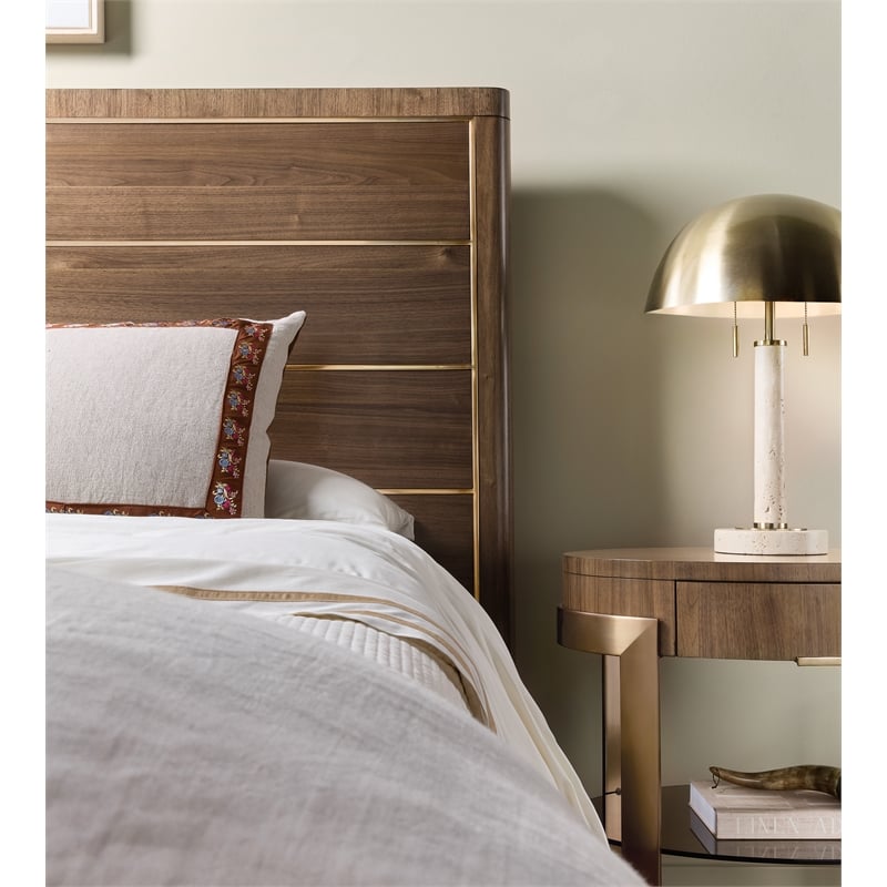 Bowery Hill Sculptural Queen Panel Bed in Medium Wood with Bronze Trim