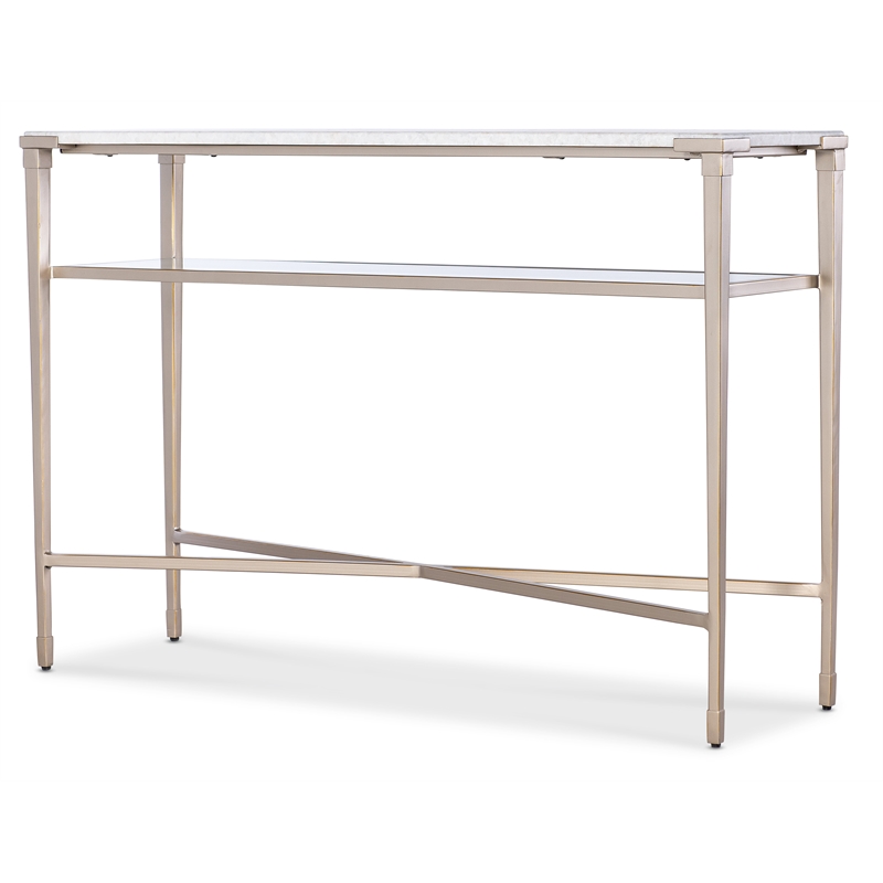 Bowery Hill Console Table with White Stone Top and Glass Shelf