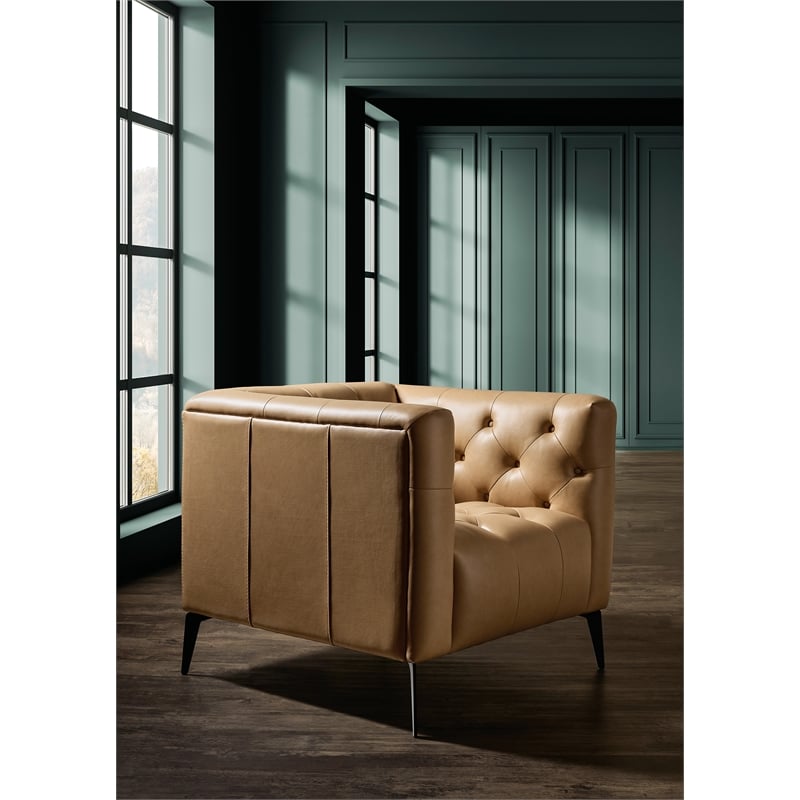 Bowery Hill Tufted Chesterfield Stationary Chair in Beige Leather