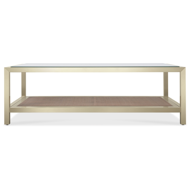 Bowery Hill Cocktail Table with Glass Top and Cane Shelf on Steel