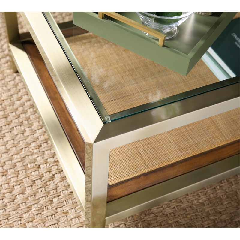 Bowery Hill Cocktail Table with Glass Top and Cane Shelf on Steel