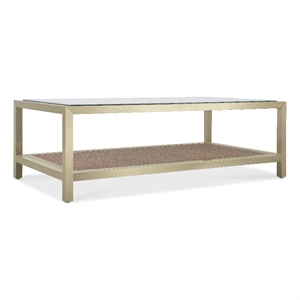 Bowery Hill Cocktail Table with Glass Top and Cane Shelf on Steel