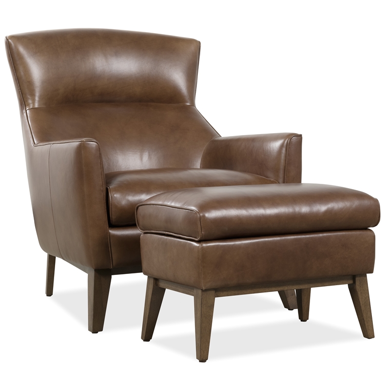 Bowery Hill Rectangular Ottoman with Wood Legs in Brown Leather