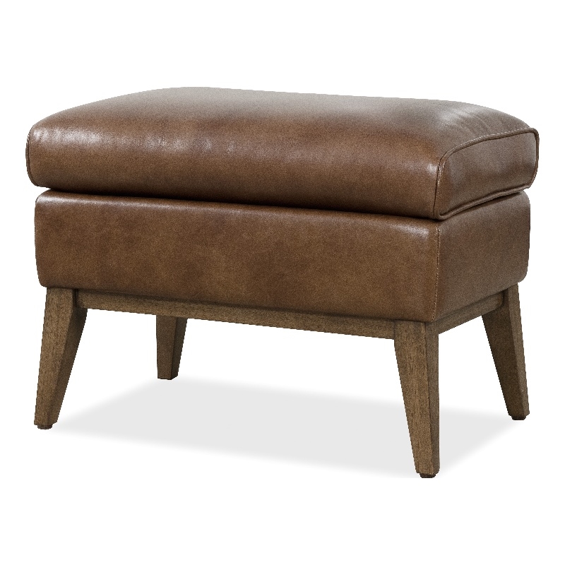 Bowery Hill Rectangular Ottoman with Wood Legs in Brown Leather