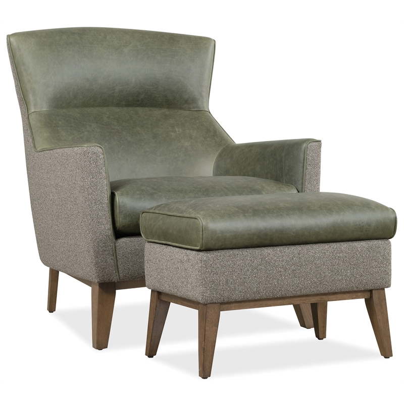 Bowery Hill Two-Tone Ottoman with Wood Legs in Green Leather
