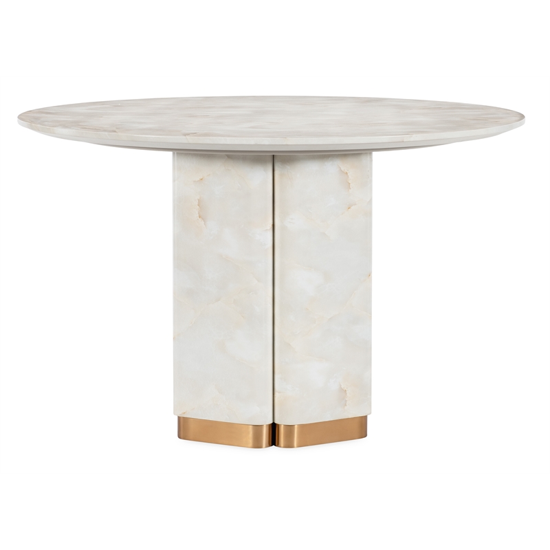 Bowery Hill 48in Round Pedestal Dining Table in Cream Faux Onyx