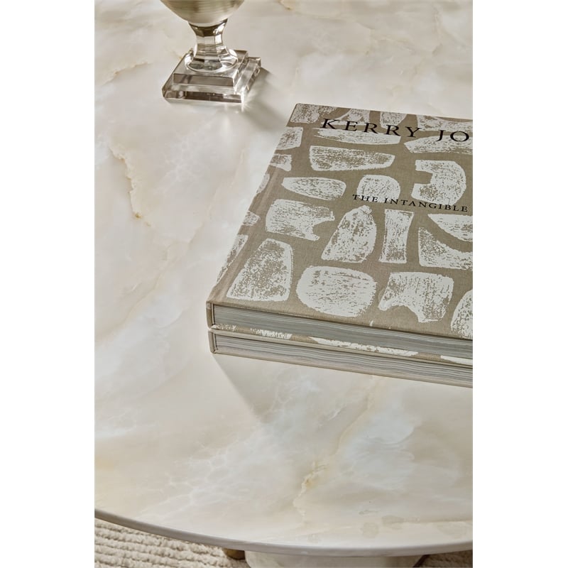Bowery Hill 48in Round Pedestal Dining Table in Cream Faux Onyx