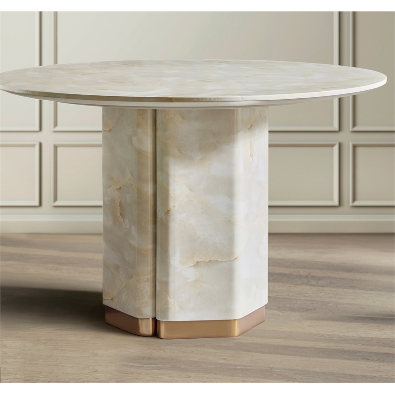 Bowery Hill 48in Round Pedestal Dining Table in Cream Faux Onyx