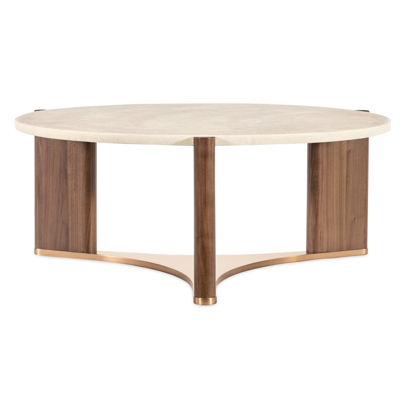 Bowery Hill Round Cocktail Table with Marble Top in Medium Wood