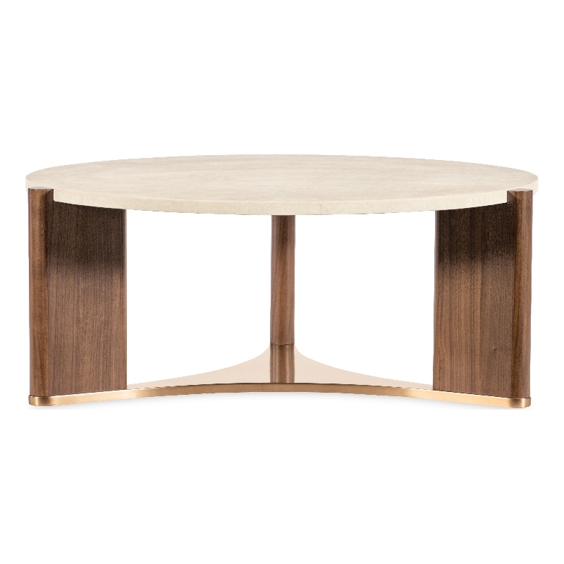 Bowery Hill Round Cocktail Table with Marble Top in Medium Wood