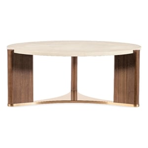 Bowery Hill Round Cocktail Table with Marble Top in Medium Wood